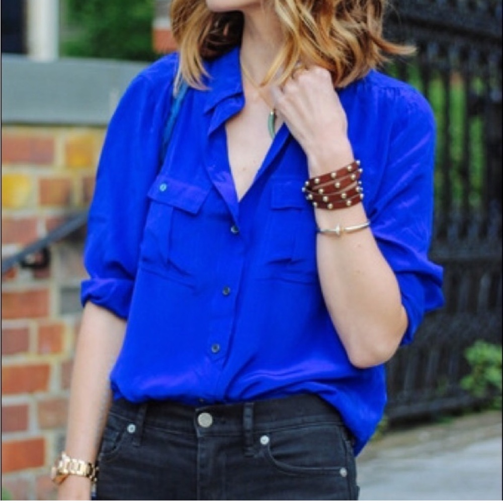 J. Crew Blythe Blouse 100% Silk Double Breasted Pockets Blue Button Down Shirt